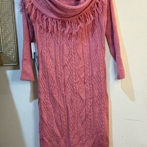 NY&Co NWT Women’s Dusty Rose Sweater Dress Cowl Neck With Fringe Detail Size L